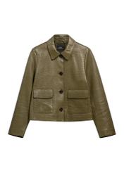Olive green women's leather short jacket KURDS-0552-8E(Z26), front product view on white background.