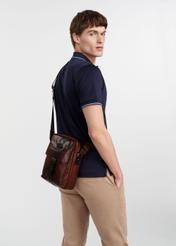 Brown leather men's bag TORMS-0104-1H(W26), side view of the product on a model's silhouette, on a light background.