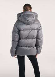 Gray women's down jacket KURDT-0585-91(Z25), product view from the back on the model, half of the silhouette visible.