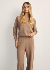 Women's camel viscose sweatshirt BLZDT-0117-24(Z25), front view of the product on the model. Half of the silhouette visible.