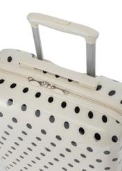 Small polka dot suitcase on wheels WALAB-0074-0P-19(W26), view of the product handle on a white background.