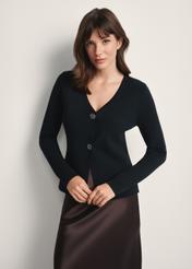 Women's black viscose and nylon cardigan KARDT-0056-99(Z25), front view of the product on the model. Half of the silhouette visible.