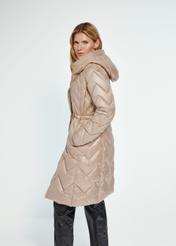 Long beige women's quilted jacket KURDT-0547-81(Z24)-03