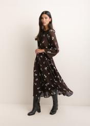 Brown floral midi dress SUKDT-0291-1P(Z26), front view of the product on the model. The entire silhouette is visible.