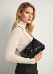 Glossy messenger bag TOREC-1109-97(Z25), front view of the product on the model, half of the silhouette visible.