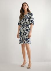 Navy blue floral viscose dress SUKDT-0271-7P(W26), front view of the product on the model. Full body visible.