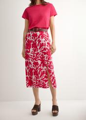 Pink viscose midi skirt SPCDT-0129-5P(W26), front product view on model. Half silhouette visible.
