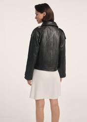 Brown oversize women's leather jacket KURDS-0553-2737(Z25), product visible from the back on the model, half of the silhouette visible.