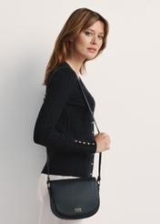 Black leather semi-circular messenger bag TORES-0972E-99(Z25) - front view of the product on a model against a white background. Half of the silhouette visible from the side.