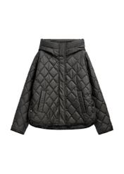 Women's black quilted jacket with hood KURDT-0588-99(Z25), front product view on white background.