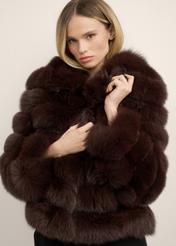 Women's brown fur coat with collar FUTDF-0100-1H(Z26), front view of the product on the model. Half of the silhouette visible.