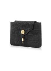 Small black leather women's wallet PORES-0890-9G(W26), diagonal product view on white background.