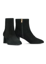 Black suede high heel ankle boots BUTYD-1218-99(Z25) - side view of a pair of shoes on a white background.