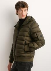 Men's green nylon jacket KURMT-0608-8B(Z26), side view of the product on the model. Half of the silhouette visible.