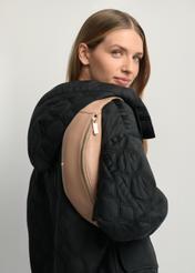 Women's beige leather waist bag TORES-0970F-1B(W26) - side view of the product, on a model, against a light background. Half of the silhouette visible.