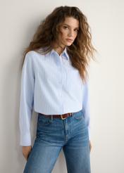 Women's cotton striped shirt KOSDT-0184-7A(W26), front view of the product on the model. Half of the silhouette visible.