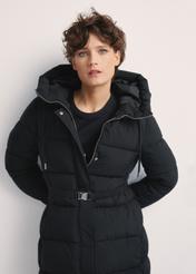 Long black women's jacket KURDT-0602-99(Z25), front view of the product on the model. Half of the silhouette visible.