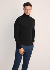 Black men's turtleneck sweater SWEMT-0185-99(Z25), front view of the product on the model. Half of the silhouette visible.