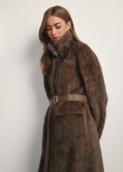 Women's long brown fur coat FUTDP-0065-89(Z25) - side view of the product on a model, against a white background. Half of the silhouette visible.