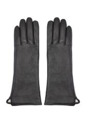 Long black leather women's gloves REKDS-0082A-99(Z26), product view from the front on a white background.