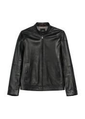 Men's leather jacket with stand-up collar KURMS-0301-99(W26) - front product view, on a white background.