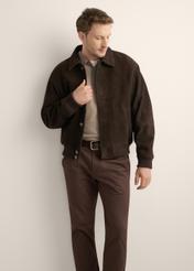 Brown men's suede jacket KURMS-0413-1I(Z26), front product view on model. Half silhouette visible.