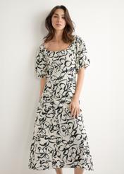 Women's floral dress SUKDT-0277-0P(W26), front view of the product on the model. Half of the silhouette visible.