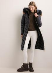 Women's jacket with raccoon fur (KURDT-0712-99(Z26)), front view on a model. Full-body shot.
