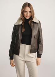 Brown leather jacket with collar KURDS-0505-1H(Z26)- front product view on white background. Full body visible.