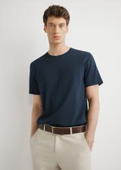 Men's navy cotton t-shirt TSHMT-0144-7E(W26), front view of the product on the model. Half of the silhouette visible.