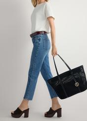 Dark brown leather women's block heel mules BUTYD-1275-1I(W26), side view of the product on the model's feet.