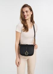Women's black messenger bag TOREC-0627E-99(Z25), product view on model's shoulder. Half of silhouette visible.
