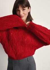 Red women's sweater SWEDT-0236-42(Z25), front view of the product on the model. Half of the silhouette visible.
