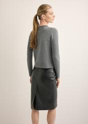 Gray woolen women's cardigan KARDT-0058-9D(Z26), back view of the product on the model, half of the silhouette visible.
