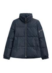 Navy blue women's jacket with a monogram pattern and a stand-up collar KURDT-0694-7E(Z26)