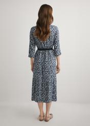 Navy blue floral viscose dress SUKDT-0268-7P(W26), back view of the product on the model. Full body visible.