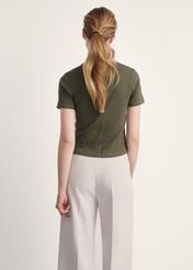Women's khaki T-shirt TSHDT-0145-55(Z25), product visible from the back on the model, the entire silhouette is visible.