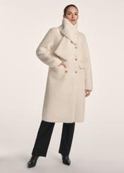 Women's long cream fur coat with scarf FUTDP-0069-12(Z25), front view of the product on the model. Full body visible.