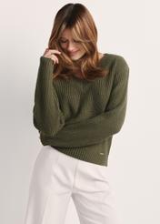 Women's khaki sweater SWEDT-0162-55(Z25), product visible from the front on the model, half of the silhouette visible.