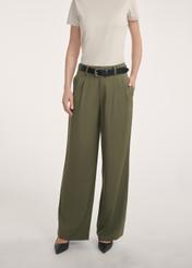 Women's khaki trousers SPODT-0112-55(Z25), front view of the product on the model, half of the silhouette visible.