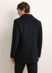 Men's navy wool coat PLAMT-0011-7D(Z26), rear view on a model. Half of the figure is visible.