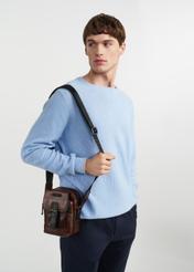 Men's brown leather bag with flap TORMS-0105-1H(W26), product view on model's shoulder. Half silhouette visible.