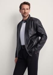 Men's leather jacket with stand-up collar KURMS-0298L-1040(KS), front product view on model. Half silhouette visible.