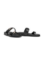 Black women's leather flip-flops BUTYD-1160-99(W25), diagonal product view on white background.