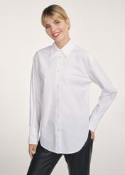 Women's cotton shirt in white KOSDT-0171-11(Z25), front view of the product on the model. Half of the silhouette visible.