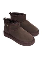 Dark brown short women's snow boots BUTYD-1138-1I(Z26), diagonal product view on a white background.
