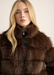 Women's short dark brown fur coat FUTDP-0085-1I(Z26) - front view of the product on a model against a light background. Half of the silhouette is visible.