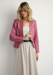 Women's pink leather jacket KURDS-0599-5D(W26) - front view of the product, on a model, against a light background. Half of the silhouette visible.