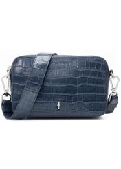 Small navy blue leather croco handbag TORES-1231-7D(W26), front product view on white background.