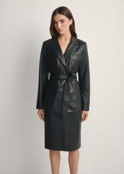 Women's black leather jacket with belt KURDS-0545-99(W26), front view of the product on the model. Half of the silhouette visible.